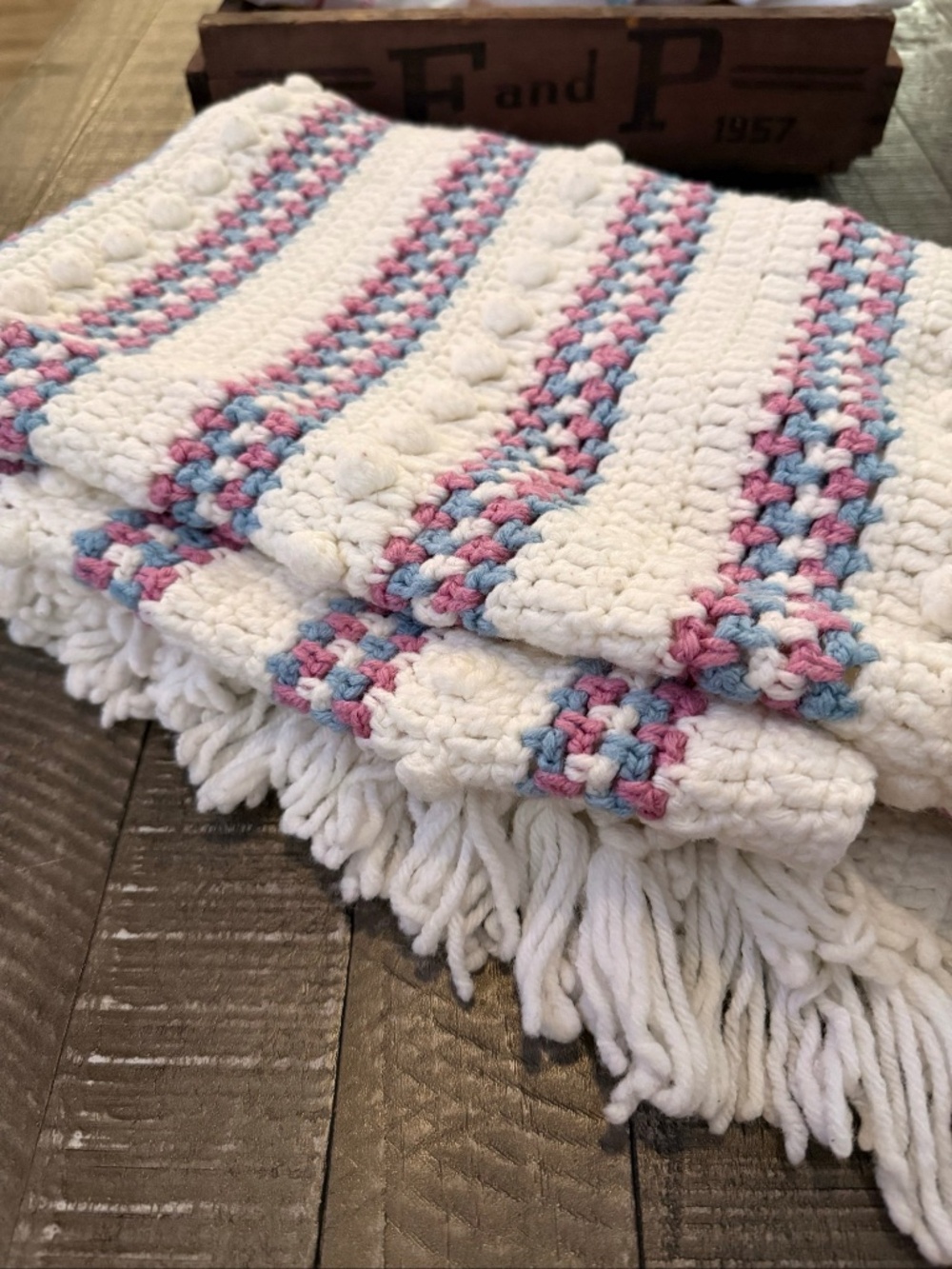 Vintage Handmade Crochet Baby Blanket with Fringe